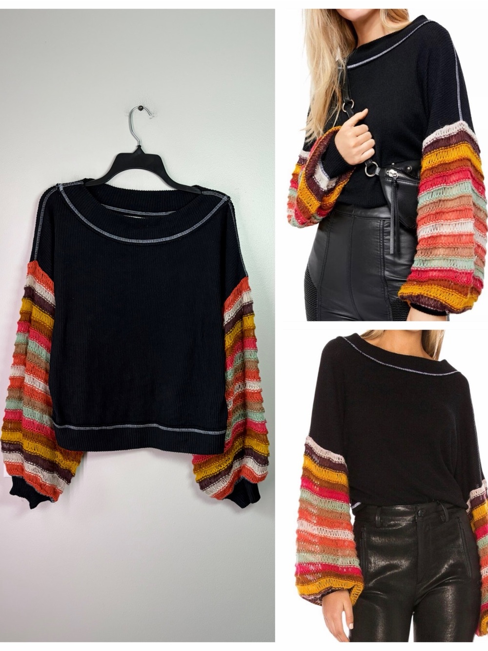 We The Free Free People Black Cha Cha Knit Striped Crochet Sleeve Sweater Top